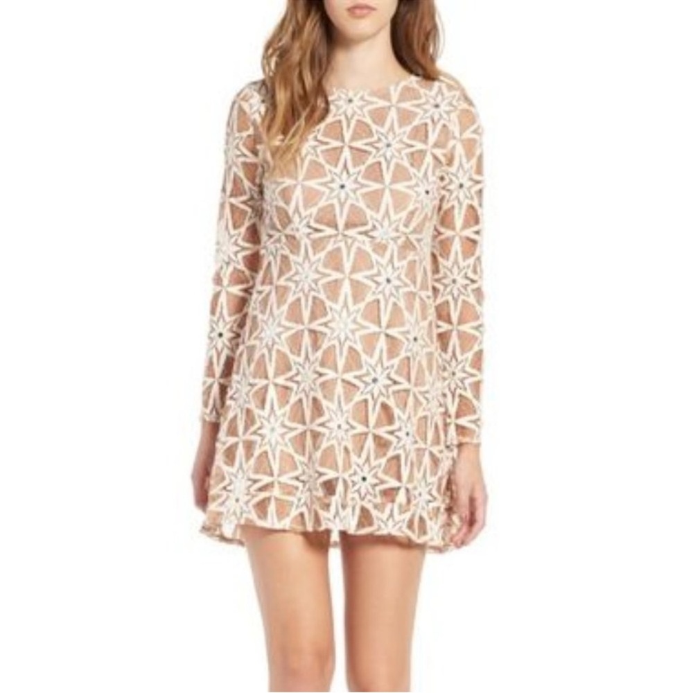 FOR LOVE & LEMONS Tan/Cream LACE STAR METZ MINI PARTY DRESS NEW Small